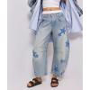 imagechouyatou Womens Y2k Baggy Wide Leg Denim Pants Boho Floral Printed Boyfriend Barrel Jeans with PocketsStar