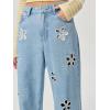 imagechouyatou Womens Y2k Baggy Wide Leg Denim Pants Hollow Out Flower Boyfriend Mid Rise Barrel Jeans with PocketsBlue