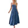 imagechouyatou Womens Adjustable Spaghetti Strap Maxi Long Denim Dress ALine Swing Distressed Jean Sun DressDark Blue