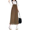 imagechouyatou Womens Adjustable Strap Denim Bib Overall Dress Distressed Fringe Pinafore Long Jean DressCoffee