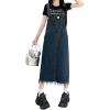 imagechouyatou Womens Adjustable Strap Denim Bib Overall Dress Distressed Fringe Pinafore Long Jean DressDark Blue