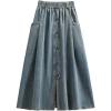 imagechouyatou Womens Retro Button Elastic Waist Denim Skirt ALine Pleated Midi Long Jean Skirt with PocketsLight Blue
