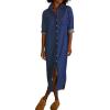 imagechouyatou Womens Spring Long Sleeve Button Down Denim Shirt Dress Lapel Distressed Midi Long Jean Shift DressDark Blue