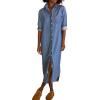 imagechouyatou Womens Spring Long Sleeve Button Down Denim Shirt Dress Lapel Distressed Midi Long Jean Shift DressLight Blue