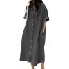 imagechouyatou Womens Summer Casual Short Sleeve Long Denim Shirt Dress Casual Loose Button Down Jean DressBlack