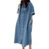 imagechouyatou Womens Summer Casual Short Sleeve Long Denim Shirt Dress Casual Loose Button Down Jean DressBlue