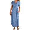 imagechouyatou Womens Summer Notch Neck Short Sleeve Denim Dress Business Casual Jean Tunic Shirt DressBlue