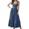 imagechouyatou Womens Summer Tie Knot Strap Denim Dress Sleeveless Smocked Back Swing Maxi Long Jean Sun DressBlue