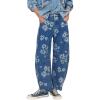 imagechouyatou Womens Y2k Baggy Wide Leg Denim Pants Boho Floral Printed Boyfriend Barrel Jeans with PocketsFlower