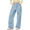 imagechouyatou Womens Y2k Baggy Wide Leg Denim Pants Hollow Out Flower Boyfriend Mid Rise Barrel Jeans with PocketsBlue