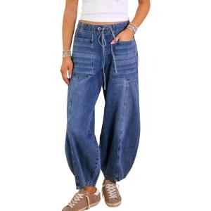 imagechouyatou Women Casual Barrel Jeans Elastic High Waisted Crop Wide Leg Jeans Boyfriend Harem Denim PantsDark Blue
