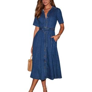 imagechouyatou Women Summer Belted Button Down Denim Shirt Dress Business Casual Short Sleeve Jean Shirt DressDark Blue
