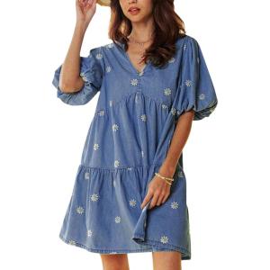 imagechouyatou Women Summer Embroidered Floral Short Denim Dress Cute Puff Sleeve Jean Tunic Babydoll DressBlue