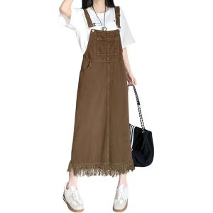 imagechouyatou Womens Adjustable Strap Denim Bib Overall Dress Distressed Fringe Pinafore Long Jean DressCoffee