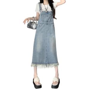 imagechouyatou Womens Adjustable Strap Denim Bib Overall Dress Distressed Fringe Pinafore Long Jean DressLight Blue