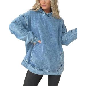 imagechouyatou Womens Casual Pullover Denim Jacket Vintage Distressed Jean Hoodie Jacket TopsBlue