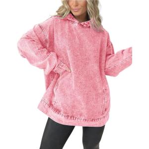 imagechouyatou Womens Casual Pullover Denim Jacket Vintage Distressed Jean Hoodie Jacket TopsPink