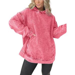 imagechouyatou Womens Casual Pullover Denim Jacket Vintage Distressed Jean Hoodie Jacket TopsWatermelon Red