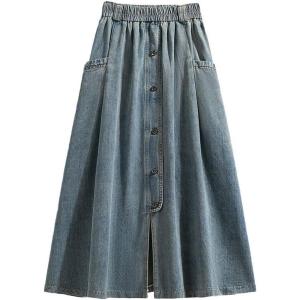 imagechouyatou Womens Retro Button Elastic Waist Denim Skirt ALine Pleated Midi Long Jean Skirt with PocketsLight Blue