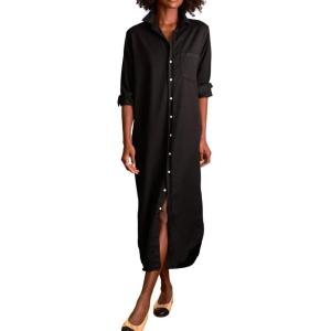 imagechouyatou Womens Spring Long Sleeve Button Down Denim Shirt Dress Lapel Distressed Midi Long Jean Shift DressBlack