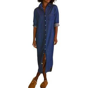 imagechouyatou Womens Spring Long Sleeve Button Down Denim Shirt Dress Lapel Distressed Midi Long Jean Shift DressDark Blue