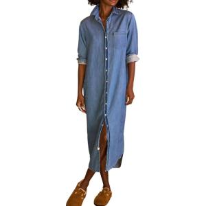 imagechouyatou Womens Spring Long Sleeve Button Down Denim Shirt Dress Lapel Distressed Midi Long Jean Shift DressLight Blue