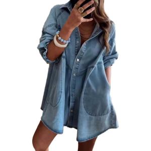 imagechouyatou Womens Summer Business Casual Denim Shirt Dress Long Sleeve Patchwork Jean Tunic DressBlue