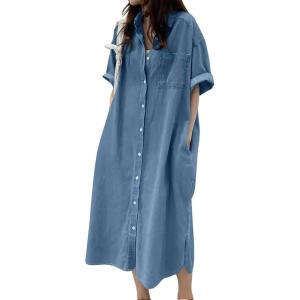 imagechouyatou Womens Summer Casual Short Sleeve Long Denim Shirt Dress Casual Loose Button Down Jean DressBlue