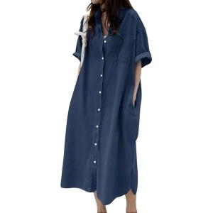 imagechouyatou Womens Summer Casual Short Sleeve Long Denim Shirt Dress Casual Loose Button Down Jean DressDark Blue
