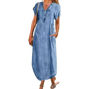imagechouyatou Womens Summer Notch Neck Short Sleeve Denim Dress Business Casual Jean Tunic Shirt DressBlue