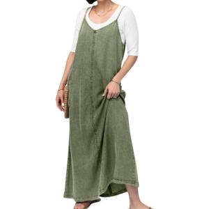 imagechouyatou Womens Summer Spaghetti Strap Denim Dress ALine Overall Dress Flowy Swing Maxi Long Jean DressArmy Green