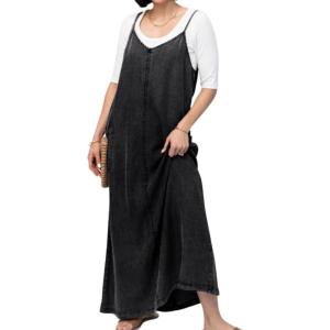 imagechouyatou Womens Summer Spaghetti Strap Denim Dress ALine Overall Dress Flowy Swing Maxi Long Jean DressBlack
