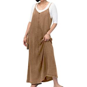 imagechouyatou Womens Summer Spaghetti Strap Denim Dress ALine Overall Dress Flowy Swing Maxi Long Jean DressBrown