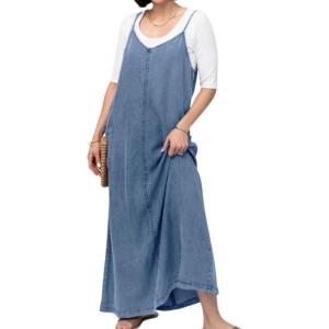 imagechouyatou Womens Summer Spaghetti Strap Denim Dress ALine Overall Dress Flowy Swing Maxi Long Jean DressDark Blue