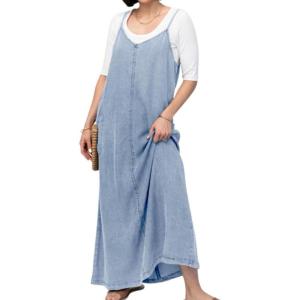 imagechouyatou Womens Summer Spaghetti Strap Denim Dress ALine Overall Dress Flowy Swing Maxi Long Jean DressLight Blue