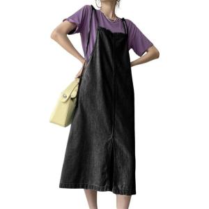 imagechouyatou Womens Summer Spaghetti Strap Denim Dress ALine Split Front Midi Long Jean Beach SundressBlack