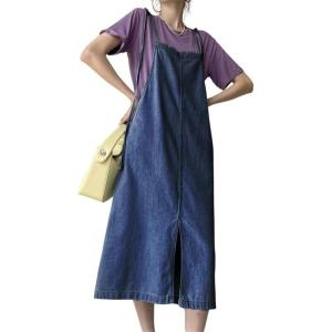 imagechouyatou Womens Summer Spaghetti Strap Denim Dress ALine Split Front Midi Long Jean Beach SundressDark Blue