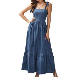 imagechouyatou Womens Summer Tie Knot Strap Denim Dress Sleeveless Smocked Back Swing Maxi Long Jean Sun DressBlue
