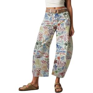 imagechouyatou Womens Y2k Baggy Wide Leg Denim Pants Boho Floral Printed Boyfriend Barrel Jeans with PocketsGraffiti