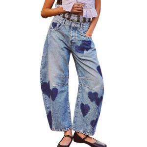 imagechouyatou Womens Y2k Baggy Wide Leg Denim Pants Boho Floral Printed Boyfriend Barrel Jeans with PocketsHeart