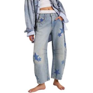 imagechouyatou Womens Y2k Baggy Wide Leg Denim Pants Boho Floral Printed Boyfriend Barrel Jeans with PocketsStar