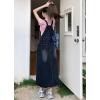 imagechouyatou Womens Adjustable Strap Distressed Denim Bib Overall Dress Casual Loose ALine Midi Long Jean DressDark Blue