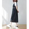 imagechouyatou Womens Denim Button Down Floral Embroidered Long Overall Jumper Jean Dress with PocketsBlack