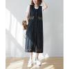 imagechouyatou Womens Denim Button Down Floral Embroidered Long Overall Jumper Jean Dress with PocketsBlack