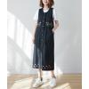 imagechouyatou Womens Denim Button Down Floral Embroidered Long Overall Jumper Jean Dress with PocketsBlack