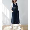imagechouyatou Womens Denim Button Down Floral Embroidered Long Overall Jumper Jean Dress with PocketsDark Blue