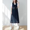 imagechouyatou Womens Denim Button Down Floral Embroidered Long Overall Jumper Jean Dress with PocketsDark Blue