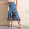 imagechouyatou Womens Irregular Ruffle Hem Denim Skirt Y2K Bodycon Fishtail Split Thigh Midi Jean Wrap SkirtBlue