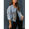 imagechouyatou Womens Leopard Print Spliced Distressed Ripped CorduroyDenim Jacket Coat Large denim blue