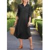 imagechouyatou Womens Summer Casual Denim Shirt Dress Loose Fit Button Down Midi Long Tunic Jean DressBlack